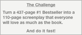 The Challenge
Turn a 437-page #1 Bestseller into a 110-page screenplay that everyone will love as much as the book. 
And do it fast!